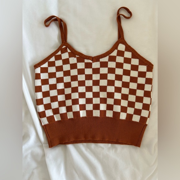 Say What Brown and White Checkered Knit Crop Top - Picture 3 of 3